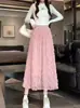 Saia Elegante de Cintura Alta Estilo Francês para Mulheres, Novo Modelo de Primavera 2026, Saia Plissada de Renda de Linha A de Alta Qualidade