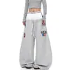 Pantalones de Chándal Retro Americano Doble Cintura Bordado de Letras Dobladillo Curvo Unisex Verano Nuevo Baile de Jazz Sueltos Pierna Ancha