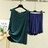 Conjunto de duas peças adequado para usar por cima de outras roupas, conjunto de pijama plus size para mulheres, shorts de verão com babados, roupa para ficar em casa, regata solta de modal