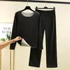 Camiseta de manga larga con cuello redondo sin costuras de terciopelo doble cara pantalones rectos holgados traje cálido engrosado con lijado ropa para el hogar otoño e invierno