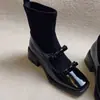 Botas Slimming Retrô Quadradas com Laço Elástico Patchwork Mary Jane Meia Botas Salto Grosso Plataforma Tornozeleiras Femininas 2026