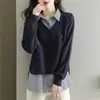 Camisa Tricotada de Manga Comprida de Duas Peças Falsas para Mulheres, Outono 2025 Novo Estilo, Suéter Interno Solto, Camisa Externa com Lapela
