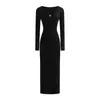 Vestido Sexy de Menina Apimentada com Decote V Profundo Fivela de Metal Manga Longa Outono Novo Estilo Slim Fit Elástico Fenda nas Costas Justo no Corpo Saia Longa