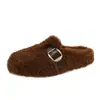 2026 Novas Meias Pantufas de Lã para Envolver a Cabeça Femininas Outono/Inverno Externas Retro Fivela Quadrada Solado Plano Quentes de Pelo Algodão Sapatos Tendência