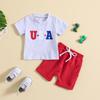 Ins Moda de Verão Infantil Amazon Dia da Independência Conjunto de Duas Peças Camiseta com Estampa de Dinossauro e Shorts para Meninos e Meninas