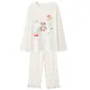 Pijama de Algodón Puro para Mujer Primavera y Otoño, Manga Larga, Pantalón Largo, Cuello Redondo, Sin Capucha, Holgado, Casual, Lindo Oso de Dibujos Animados Ropa de Casa
