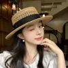 Sombrero de Paja Hueco Estilo Old Money Francés para Mujer, Sombrero de Sol de Paja de Ala Ancha para Verano, Sombrero Transpirable de Copa Plana para Protección Solar al Aire Libre