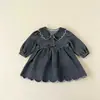 Mono Nuevo Estilo para Bebé Niña con Falda de Mezclilla con Encaje Ondulado, Vestido Elegante Estilo Coreano de Manga Larga para Salir