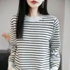 Suéter de malha de algodão puro outono nova cor bloco listrado gola redonda caimento solto estilo coreano versátil blusa de manga comprida para mulheres