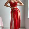 Lencería Sexy de Verano Europea y Americana Transfronteriza Traje Sexy con Abertura Alta en la Cintura Falda de Tirantes Cadena Falda Larga de Gasa Mujer Venta al por Mayor