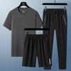 Traje de Verão Masculino de Três Peças Gelo Real Seda Manga Curta Camiseta Masculina Conjunto Longo Calças Shorts Esportivo Casual N
