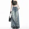 Jeans Desfiado Wide Leg Azul Claro Tendência para Mulheres, Novo Estilo de Verão, Calça Americana de Cintura Alta Solta de Perna Reta