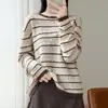Blusa de Base Listrada Macia Oca 100% Lã para Mulheres Outono Inverno Gola Redonda Roupa para o Trabalho Suéter de Manga Longa Color Block