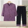 Traje de Verão Novo Estilo da Vovó Roupas para Idosos Roupas Femininas Retrô Camisa de Sete Mangas Calça de Nove Pontos Patchwork Conjunto de Duas Peças