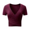 2025 Amazon Estilo Europeu e Americano Novo Sexy Decote V Cruzado Slim Splicing Camiseta Básica de Manga Curta para Mulheres