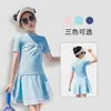 Traje de baño infantil Happy Yuan para niñas, de dos piezas con falda, conservador con shorts tipo bóxer, anti-exposición, para niñas pequeñas de vacaciones y en aguas termales