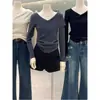 Elegante top de punto coreano para mujer con cuello en V y manga larga, nueva colección de otoño, color liso, estilo simple, camiseta básica ajustada