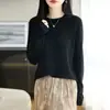 Suéter de punto de lana suave estilo francés para mujer, de manga larga, adelgazante, fino, capa base superior agradable para la piel