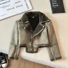 Nueva Chaqueta de Invierno para Niñas con Cuero y Piel Integrados Estilo Motero, Estilo Coreano, Estilo de Pasarela, Cuello Solapa, Chaqueta Integrada de Cuero y Piel Mate