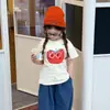 Camiseta de Verano Elegante de Algodón Puro de Manga Corta para Niñas, Estilo Nuevo, Top Holgado con Estampado de Dibujos Animados de Media Manga
