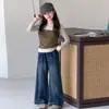 Jeans de Primavera y Otoño para Niñas 2026 Nuevo Estilo Coreano Casual Pantalones de Pierna Recta con Dobladillo de Perlas para Niñas Mayores, Transfronterizo