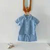 Conjunto de Roupa Jeans Infantil Novo Estilo Verão Versão Coreana Fofo Estampa de Rosto Sorridente Cardigã Manga Curta Calça Curta Fina Conjunto de Duas Peças