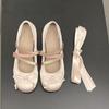 Sapatos Bailarina Mary Jane Versátil de Bico Redondo e Decote Baixo 2025 Novo Verão Francês Salto Grosso Delicado Sapatos Solteiros Franceses