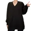 Camiseta Blanca Elegante de Algodón Puro Hilo Doble, Talla Grande, Manga Larga, Cuello en V, para Primavera y Otoño, Corte Holgado, Ceñida a la Cintura, Adelgazante, Top Casual de Longitud Media