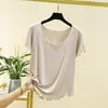 Camiseta base de manga corta para mujer, color liso, con volantes, holgada, sin costuras, talla grande, cuello redondo