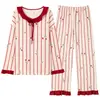 Conjunto de Pijama Feminino 100% Algodão para Primavera e Outono, Manga Longa Calça Longa, Pode Ser Usado Fora de Casa, Estilo Coreano Casual Listrado Conjunto de Roupa de Casa