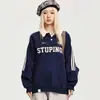 Sudadera Retro Americana Estilo Universitario con Cuello Polo Waffle para Mujer, Conjunto Casual Holgado para Pareja, Top de Rayas con Mangas Raglán