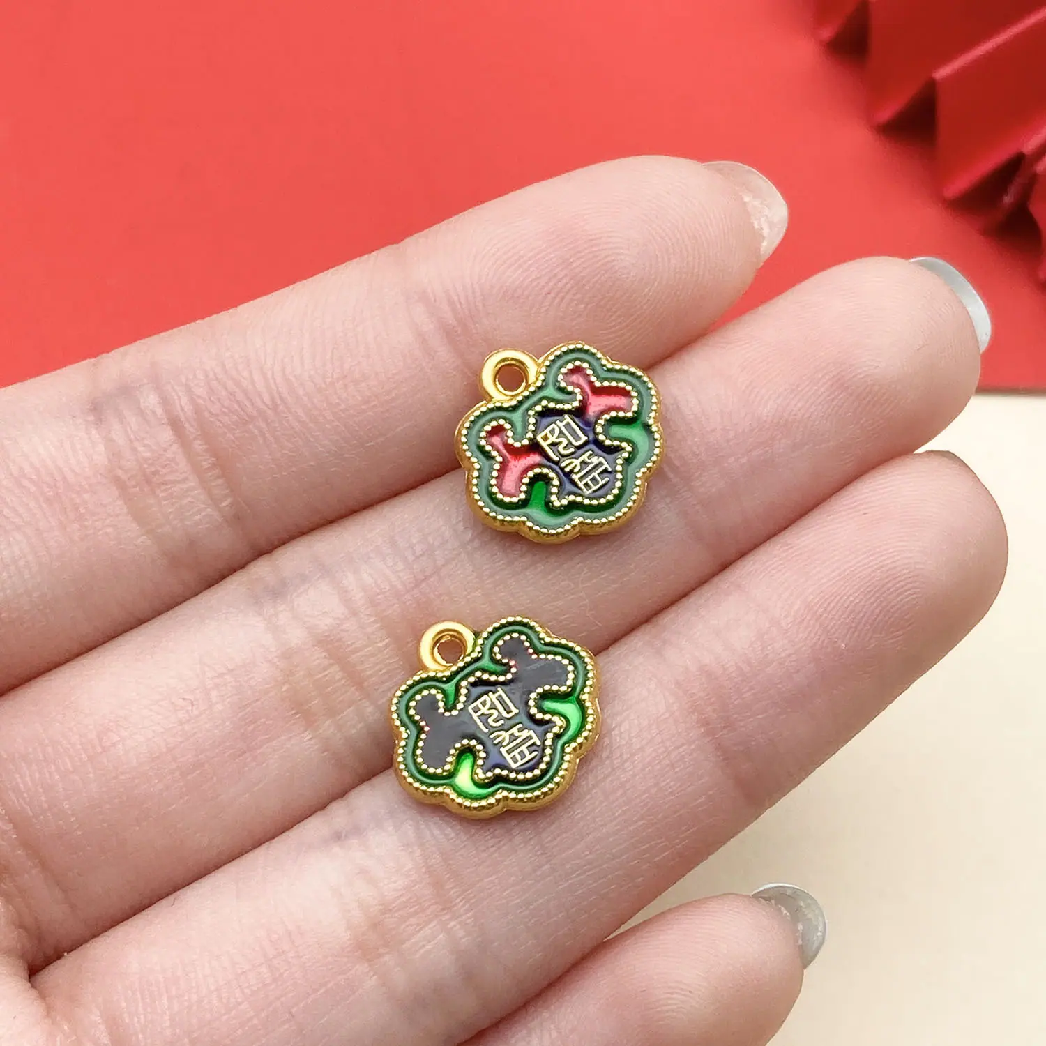 22534-ZH-绿色滴油古法金哑金双面如意13x13mm-