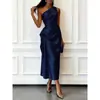 Vestido Elegante de Noche para Mujer de Verano 2026 Transfronterizo Europeo y Americano de Satén de Alta Elasticidad sin Mangas de un Hombro Ceñido a la Cintura de Longitud Media