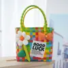 Nova bolsa de piquenique de primavera, bolsa de palha grande, esquema de cores rosa fofo, design xadrez color-block fresco e estiloso