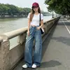 Jeans largos estilo americano para mulheres, cintura alta, lavagem vintage, com desgastes, corte solto, emagrecedor, com caimento fluido, calças retas compridas
