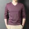 Nova camiseta masculina de outono com manga longa e gola redonda, cor sólida, camiseta base, camiseta básica de algodão mercerizado com manga longa masculina