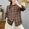 Camisa de cuadros de gasa de doble capa, manga larga, corte holgado, 100% algodón para mujer, otoño vintage casual versátil adelgazante