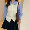 Nuevo cárdigan de punto estilo universitario coreano para primavera y otoño, suéter de dos piezas simulado con chaleco y camisa, disponible para pedido personalizado para mujeres