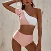 Bikini Transfronterizo 2024 Comercio Exterior Nuevo Traje de Baño Cintura Alta Color de Contraste Dividido Bikini Europeo y Americano Color Sólido Traje de Baño Damas
