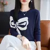 Diseño único, suéter de punto jacquard con lazo para mujer, suéter holgado, adelgazante, elegante, top casual