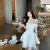 Vestido Blanco Francés Elegante de Un Hombro con Lazo Vestido de Fiesta de Cumpleaños Vestido de Tirantes con Perlas para Mujer