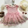 Vestido de Malla para Niña Verano Fresa Cuello de Ganchillo Mariposa Tridimensional Mangas Volantes Parche Bordado Floral Vestido de Princesa