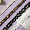Renda solúvel em água em estoque do fabricante, preto e branco, bordada à mão com pérolas e cristais, 1,5 cm de largura, acessórios de vestuário DIY