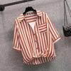 Ropa de mujer de talla grande, camisa a rayas para chica gordita, jersey holgado y estilizado de verano para mujer, estilo coreano, top de manga corta que cubre el vientre.