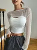 Top de Malla Cruzado Europeo y Americano Color Sólido con Cortes Primavera y Otoño Casual de Manga Larga Ultra Corto Camiseta Casual Ropa para Mujer