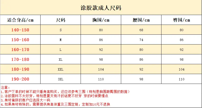 涂胶成人尺码表