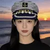 Gorra Azul Marino Bordada Europea y Americana Cosplay Uniforme de Policía Femenino Sombrero de Otoño e Invierno para Actuación Circunferencia de Cabeza Grande Sombrero de Marinero Japonés para Mujer