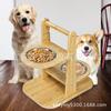 Comedero de bambú para mascotas con altura ajustable y doble cuenco.