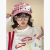 Boina de Mezclilla a Cuadros con Empalme de Hongo Lindo Y2K para Mujer, Sombrero Octogonal Pequeño Versátil Casual para Mostrar el Rostro, Gorra de Periódico