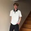Camisa Polo de Patchwork Estilo Old Money Hombro Recto Manga Corta para Hombre, Camiseta de Cuello Campana de Gama Alta Fresca y Elegante, Retro Americano de Peso Pesado Manga Media